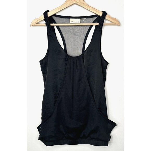 DKNY Tank Top Semi Sheer Halter Women Size S-M Black Mesh Panels Front Back - Picture 1 of 8
